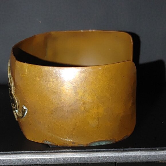 Dragon Mexican Copper Cuff Bracelet MCM Vintage Brass Dragon Abalone 1 Inch Wide - Picture 11 of 12